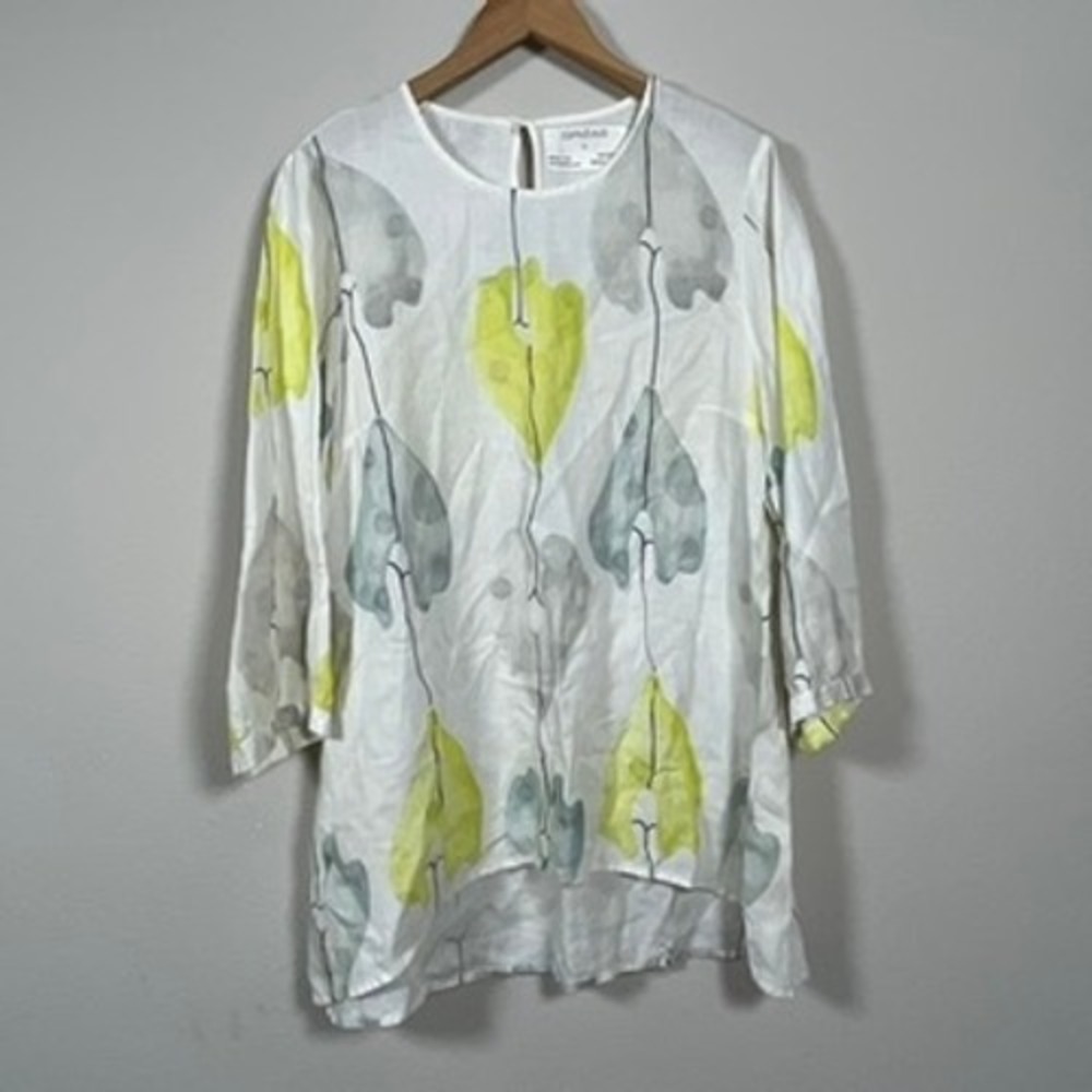 Grizas Linen Abstract Leaf Print Tunic Top‎ Women Large White Yellow Excellent